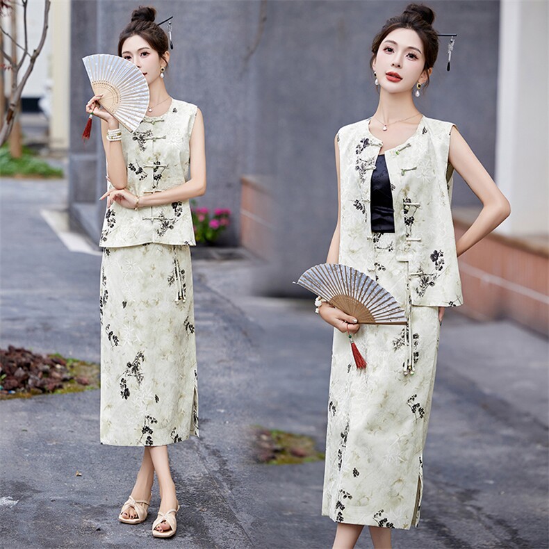 2024新款G风提花印花马甲背心半身裙套装两件套女夏季，女装套装/套裙，仟媚宠