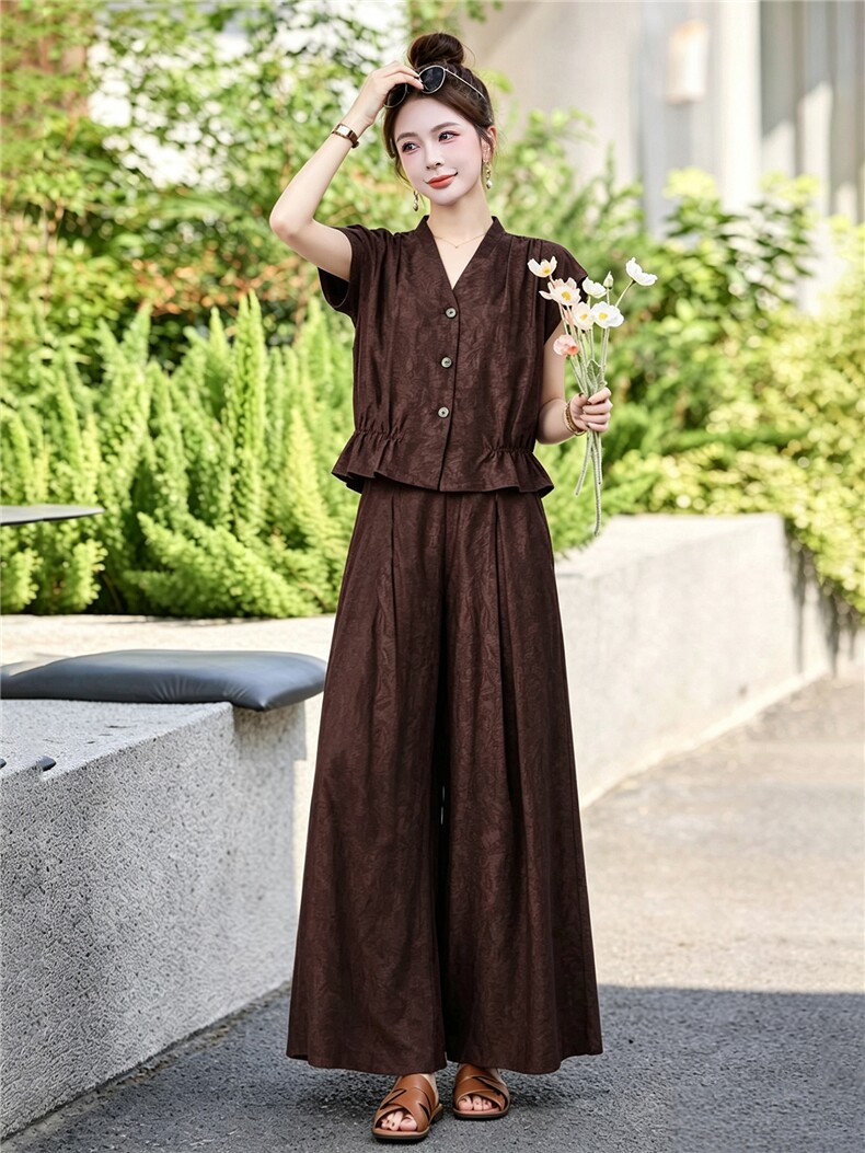 现货现货2026夏季新款老钱风提花莱赛尔亚麻两件套套装,女装套装/套裙,伊仟回