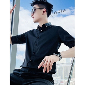 夏季冰丝白色衬衫男痞帅发型师衬衣韩版休闲五分袖小寸衫 CA669图片