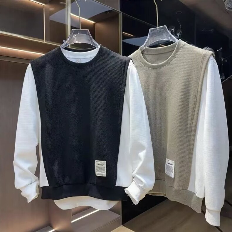 港风秋款男假两件卫衣贴标背心宽松外套wy0019 P35图片