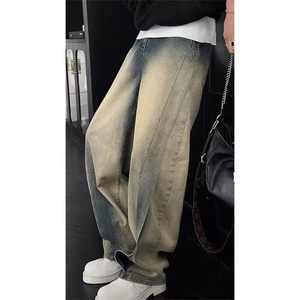 美式高街春秋季重磅牛仔裤小众设计感弯刀裤复古水洗做旧宽松直筒图片