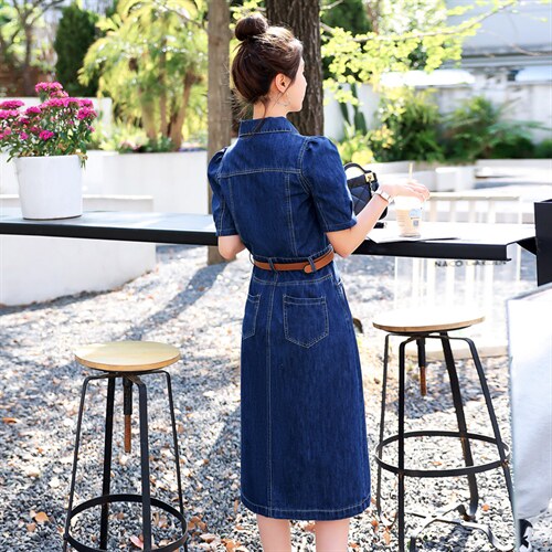 欧洲站牛仔连衣裙女2025年夏季新款气质高腰修身显瘦中长款衬衫裙，女装连衣裙，意芙