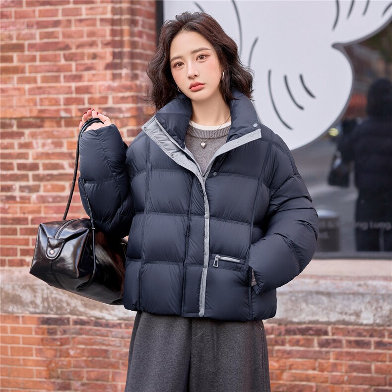 现货新款藏青色短款羽绒服女2025休闲宽松冬装外套,女装羽绒服,梦懿尔