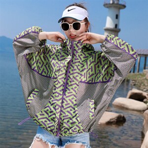 防晒衣女夏季2023新款短款长袖宽松透气洋气印花拼接蝙蝠袖防晒衫，女装防晒衣，帛香坊