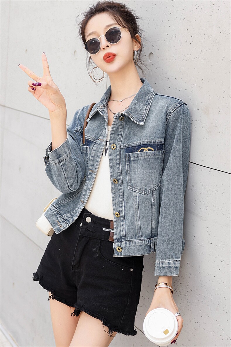 香港2025春秋季新款小香风刺绣牛仔外套女撞色高级感洋气百搭上衣,女装短外套,纯色衣恋