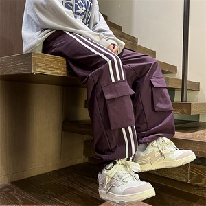 港风秋冬工装裤三条杠拖地宽松休闲伞兵裤男K23320-P50控68图片