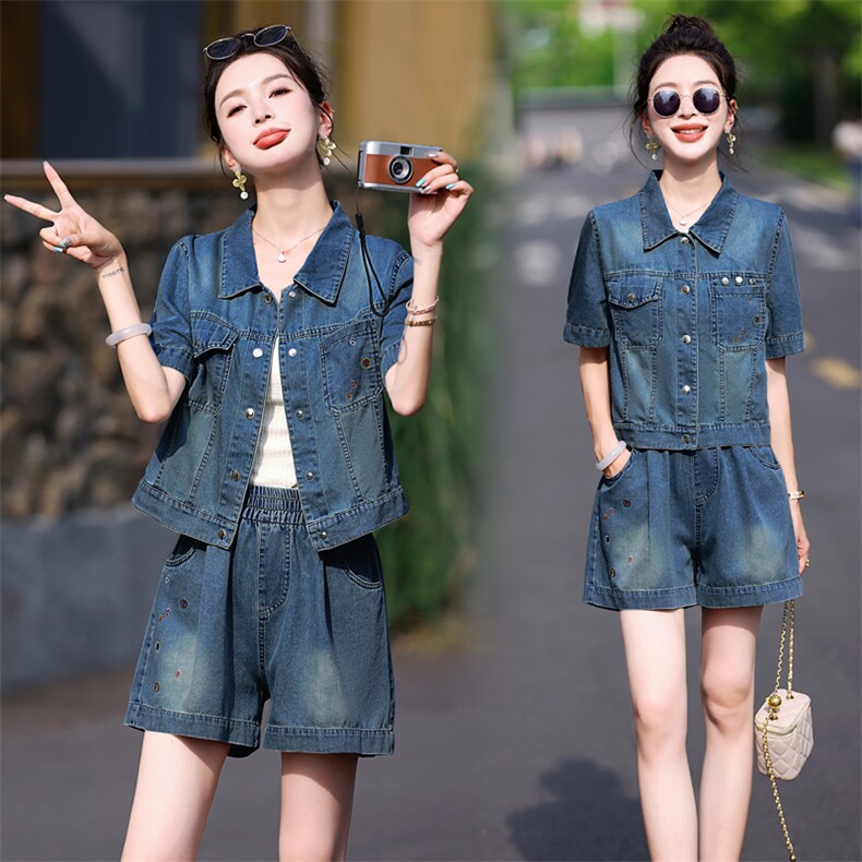 时尚牛仔阔腿短裤套装女夏2025新款洋气减龄复古牛仔小个子两件套，女装套装/套裙，意芙