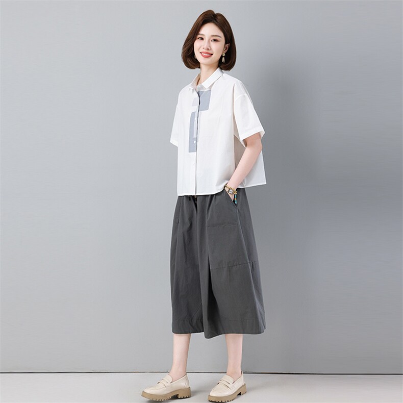 中年妈妈时尚阔腿裙裤套装女夏季2025新款宽松减休闲龄衬衫两件套图片