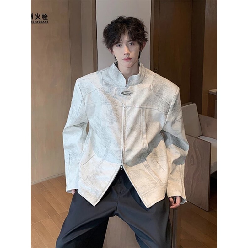 JK8552-P79美式覆古立领垫肩皮衣外套男士春季新款潮PU机车服,男装皮衣,电商B323A