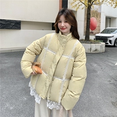 奶黄色蕾丝花边羽绒服女2025冬季新款韩系超好看加厚90白鸭绒外套，女装羽绒服，2C056