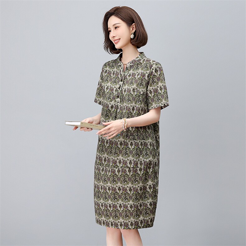 纯棉印花连衣裙女夏2025新款中年妈妈宽松大码遮肚子显瘦减龄裙子,女装连衣裙,依恋蒂丝