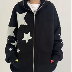 D07-P45美式复古街头星星拉链针织开衫毛衣宽松休闲百搭连帽，男装针织衫/毛衣，电商B323A