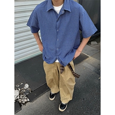 CS63-特P32下摆抽绳蓝色格子宽松衬衫夏季短袖衬衣，男装T恤，电商B327