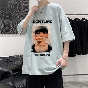 YT26213-P30 亚短袖t恤男大码五分袖男宽松七分袖 港风模特图片