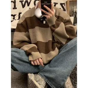 wassup happy条纹圆领毛衣男冬季潮牌慵懒风打底线衣复古休闲外套图片