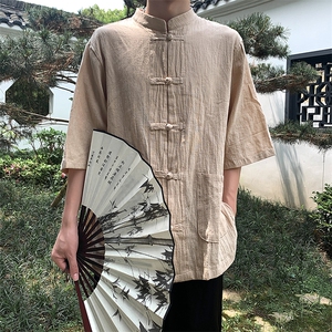 现货 新中式亚麻短袖风棉麻中华立领盘扣衬衣MT8515-P38 控58图片