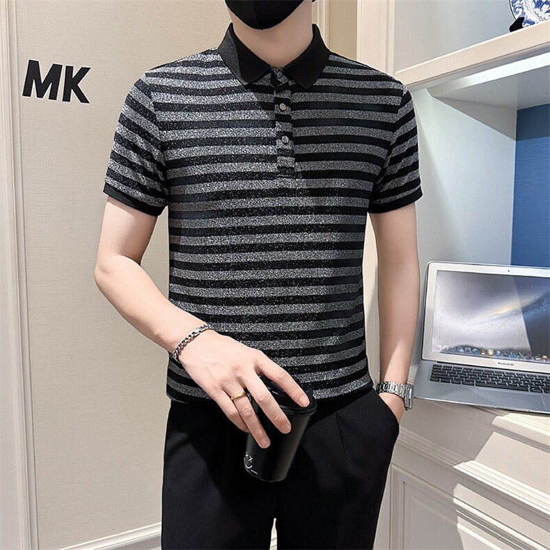 店主风社会小伙男士高级感条纹亮面翻领POLO衫301A-1/PL118/P53，男装Polo衫，星座301A-1