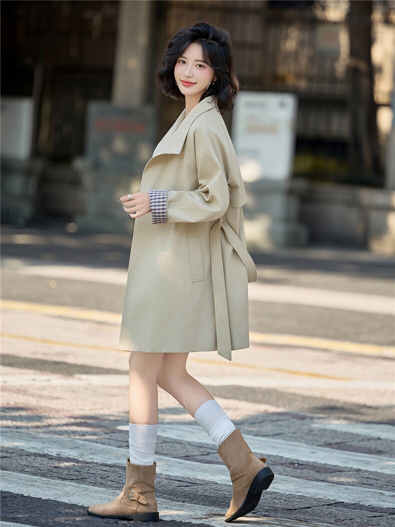 风衣外套女2025秋季新款休闲小个子高级感中长款收腰大衣潮,女装风衣,美沁