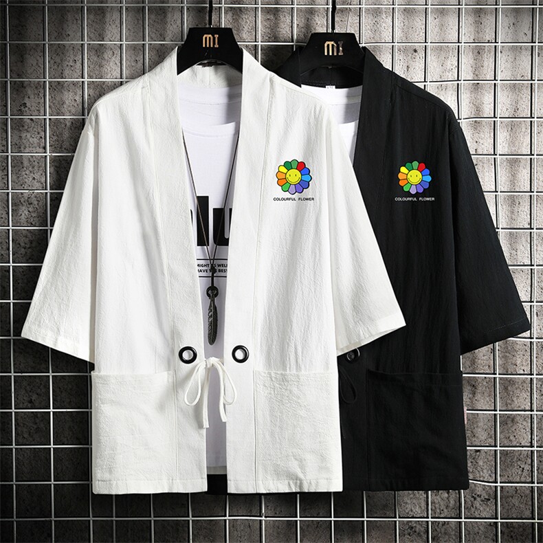 HF59101-P40风汉服男开衫外套七分袖道袍网格挂拍,男装民族服装,电商A040A