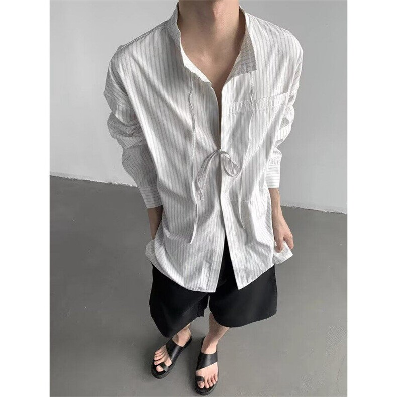 【有货】原创设计气质百搭抽绳飘带解构条纹长袖衬衫CY2002P45,男装衬衫,星座1004（原星座815-3）