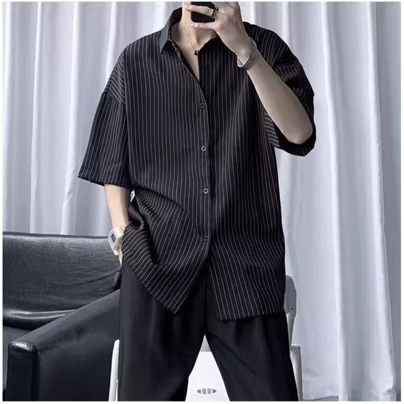 衬衫短袖男士夏季薄款纯色休闲潮牌痞帅五分衬衣服夏天外套潮图片