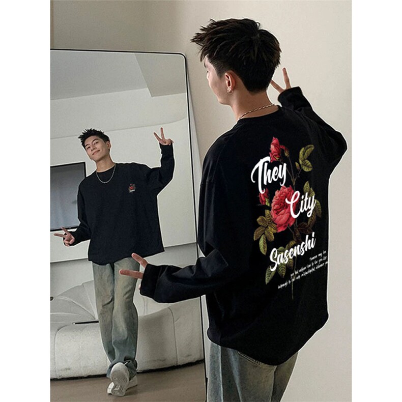 美式ins潮流长袖T恤男秋冬季宽松大码情侣玫瑰印花纯棉休闲上衣服,男装卫衣,星座809A(原222-1)