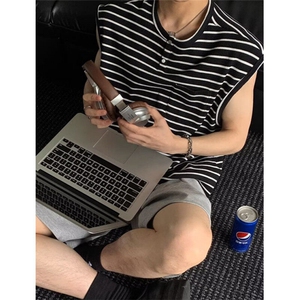 夏季新款条纹无袖t恤男圆领撞色打底衫宽松显瘦上衣 T506图片