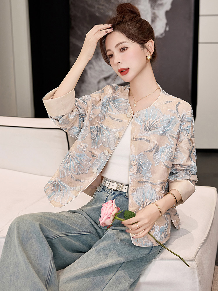 蓝色国风新中式刺绣圆领外套女装2025新款早春气质百搭显瘦上衣,女装短外套,天丝秀