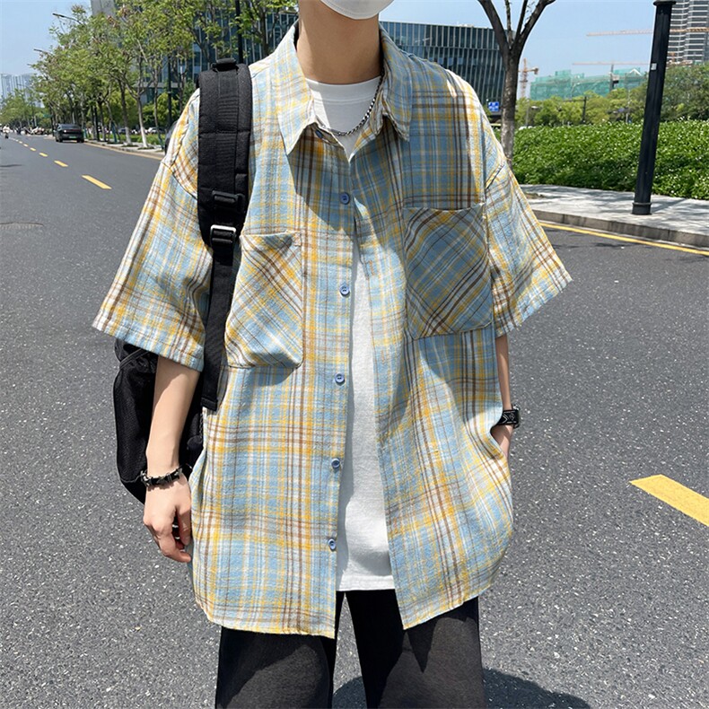 港风夏款男短袖衬衫条纹格子宽松衬衣CS139P36,男装衬衫,星座1013-1