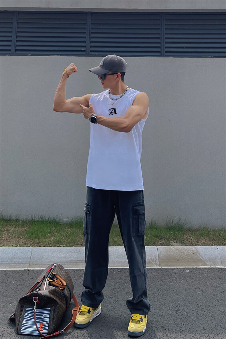美式复古背心健身显肌肉无袖t恤纯棉重磅小领口坎肩运动汗衫,男装T恤,星座310A-4