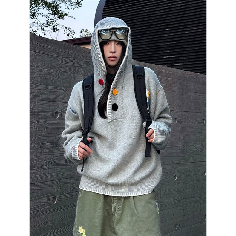 美式复古刺绣连帽毛衣男款小众纽扣多巴胺针织衫高级感慵懒风外套,男装针织衫/毛衣,四季星座505