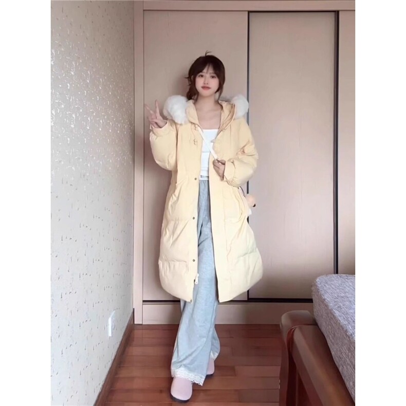 韩系穿搭甜美中长款毛领连帽棉服棉袄女新款冬季宽松保暖夹棉外套,男装棉衣,星座506A