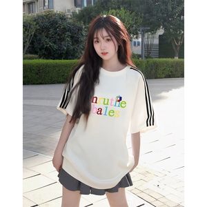 抖音得物高品质二开240克宽松纯棉美式潮牌三条杠织带短袖T恤图片