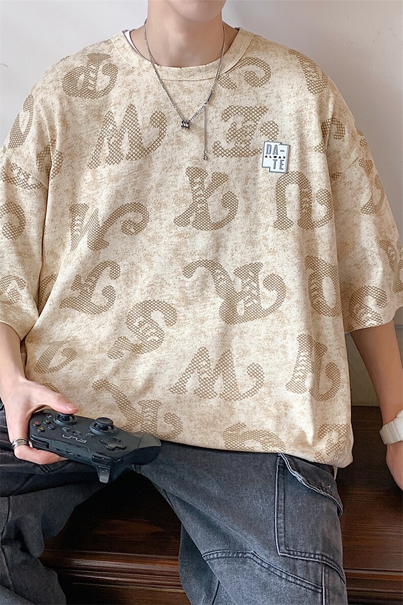 2024夏新款满版字母印花宽松圆领短袖T恤T2319-P35,男装T恤,星座914-3