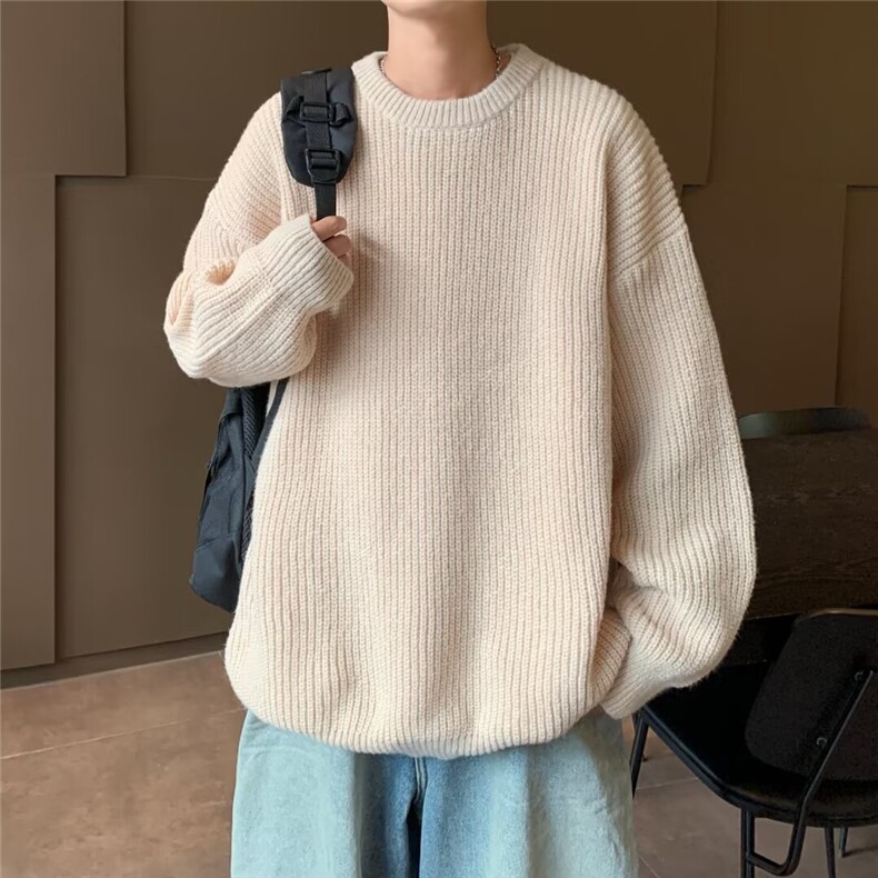 日系圆领纯色基础款粗线毛衣男女长袖百搭肌理感针织毛衫MM410,男装针织衫/毛衣,星座1116A-1（原606A）