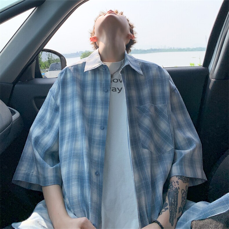 2025夏季新款港风外景大码格子短袖衬衫M-5XHC25507-特P25，男装衬衫，电商A022
