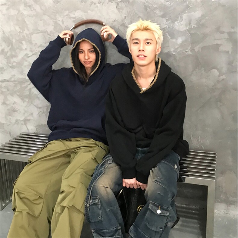 抖音得物高品质二开25秋冬美式重磅宽松纯色连帽贝壳刺绣卫衣W63，男装卫衣，电商A486-1