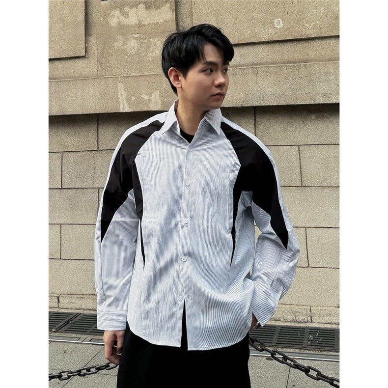 ZY48-P44长袖衬衫男潮流撞色条纹衬衣宽松美式痞帅设计感外套,男装衬衫,电商B323A