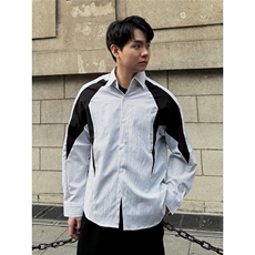 ZY48-P44长袖衬衫男潮流撞色条纹衬衣宽松美式痞帅设计感外套，男装衬衫，电商B323A