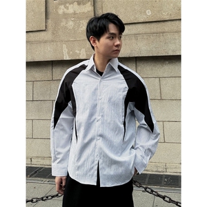 ZY48-P44 长袖衬衫男潮流撞色条纹衬衣宽松美式痞帅设计感外套图片