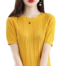 夏薄新款纯棉线针织短袖T恤衫女圆领柔软镂空钩花薄款打底体恤上，女装针织衫/毛衣，郡淞羊绒