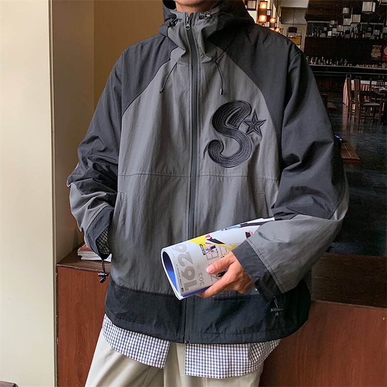 美式复古机能冲锋衣男春秋季户外拼接潮牌连帽宽松外套JK15-P68,男装夹克,星座1008