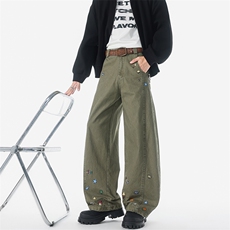 8X-M卡通绣花休闲裤男2025新款情侣宽松阔腿弯刀裤子K9173P78，男装休闲裤，电商D206-1