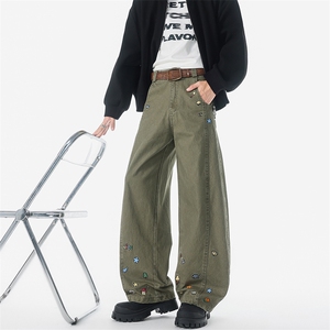 8X-M 卡通绣花休闲裤男2025新款情侣宽松阔腿弯刀裤子K9173P78图片