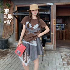 韩版减龄假两件短袖格纹蕾丝套装女2025夏季新款设计感独特两件套，女装套装/套裙，2C323