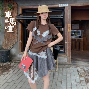 韩版减龄假两件短袖格纹蕾丝套装女2025夏季新款设计感独特两件套图片
