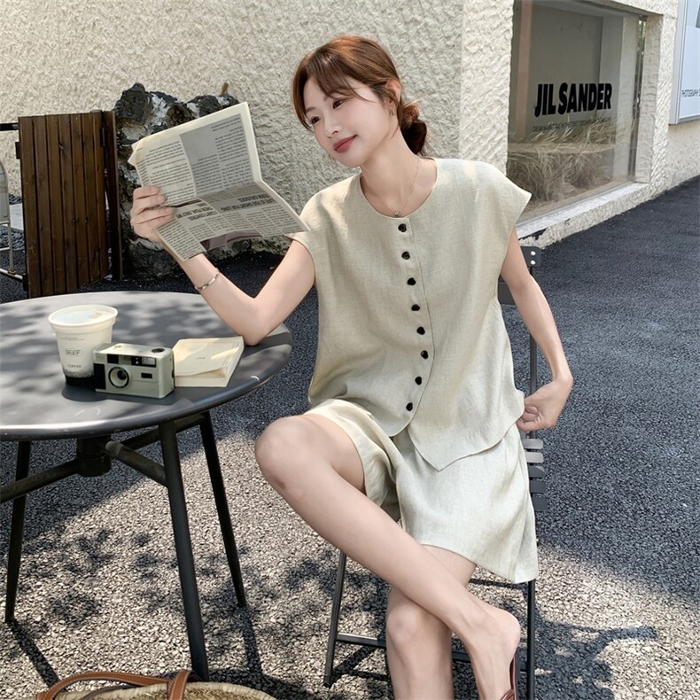 韩系休闲套装女2025夏季新款时尚百搭圆领宽松显瘦马甲短裤两件套,女装套装/套裙,2C159