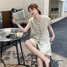 韩系休闲套装女2025夏季新款时尚百搭圆领宽松显瘦马甲短裤两件套，女装套装/套裙，2C159