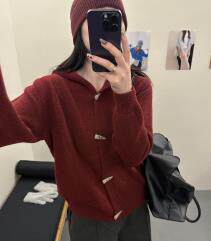 2026年秋季常规单件牛角扣连帽针织外套，女装针织衫/毛衣，臻纶羊绒