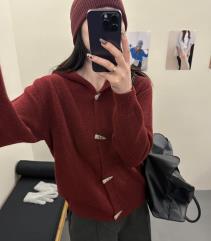 2026年秋季常规单件牛角扣连帽针织外套，女装针织衫/毛衣，臻纶羊绒